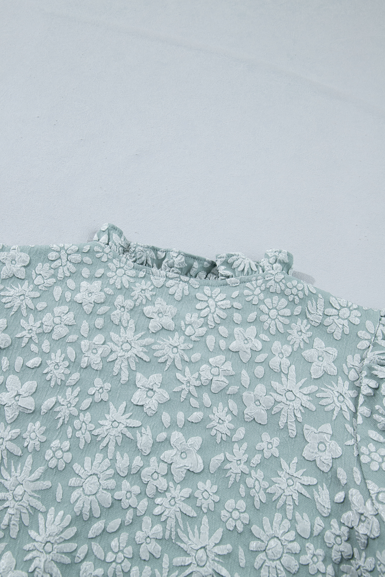 Women's Iceland Blue Floral Jacquard Blouse – V Neck Puff Sleeve Textured Summer Top - Detail View 10 Women's Iceland Blue Floral Jacquard Blouse – V Neck Puff Sleeve Textured Summer Top - Detail View 10