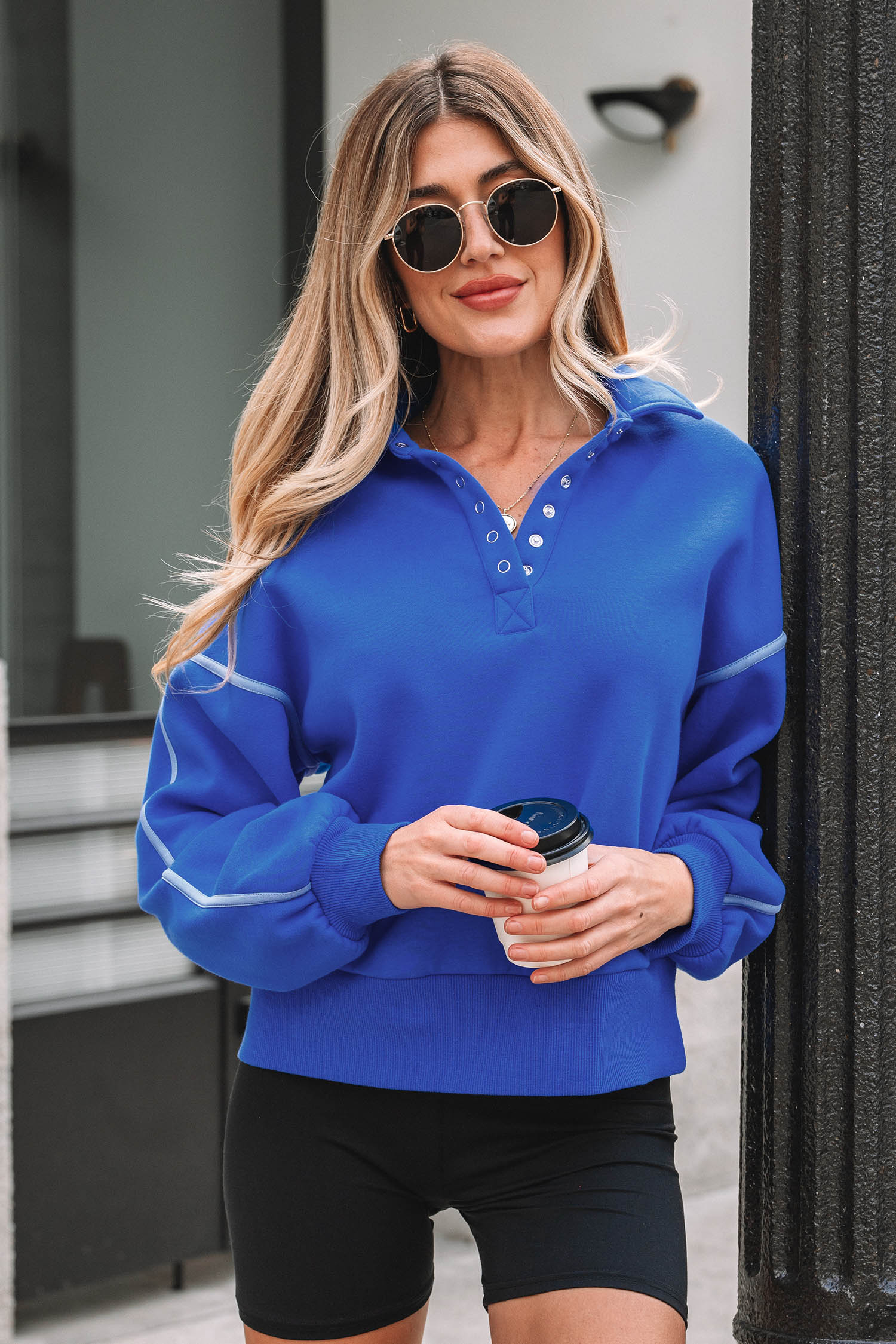 Chic Exposed Seam Sweatshirt for Women – Long Sleeve Fall Casual Wear - Detail View 5 Chic Exposed Seam Sweatshirt for Women – Long Sleeve Fall Casual Wear - Detail View 5
