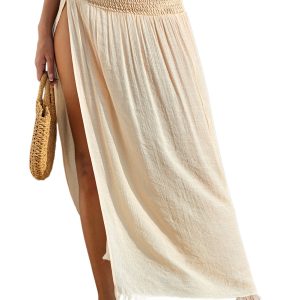 Women's Beige Shirred High Waist Split Beach Skirt – Effortless Summer Style - Main View