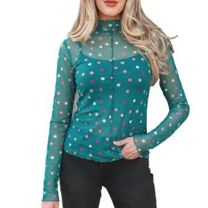 Women's Green Polka Dot Mesh Top – Mock Neck Long Sleeve Sheer Blouse for Date Night - Main View