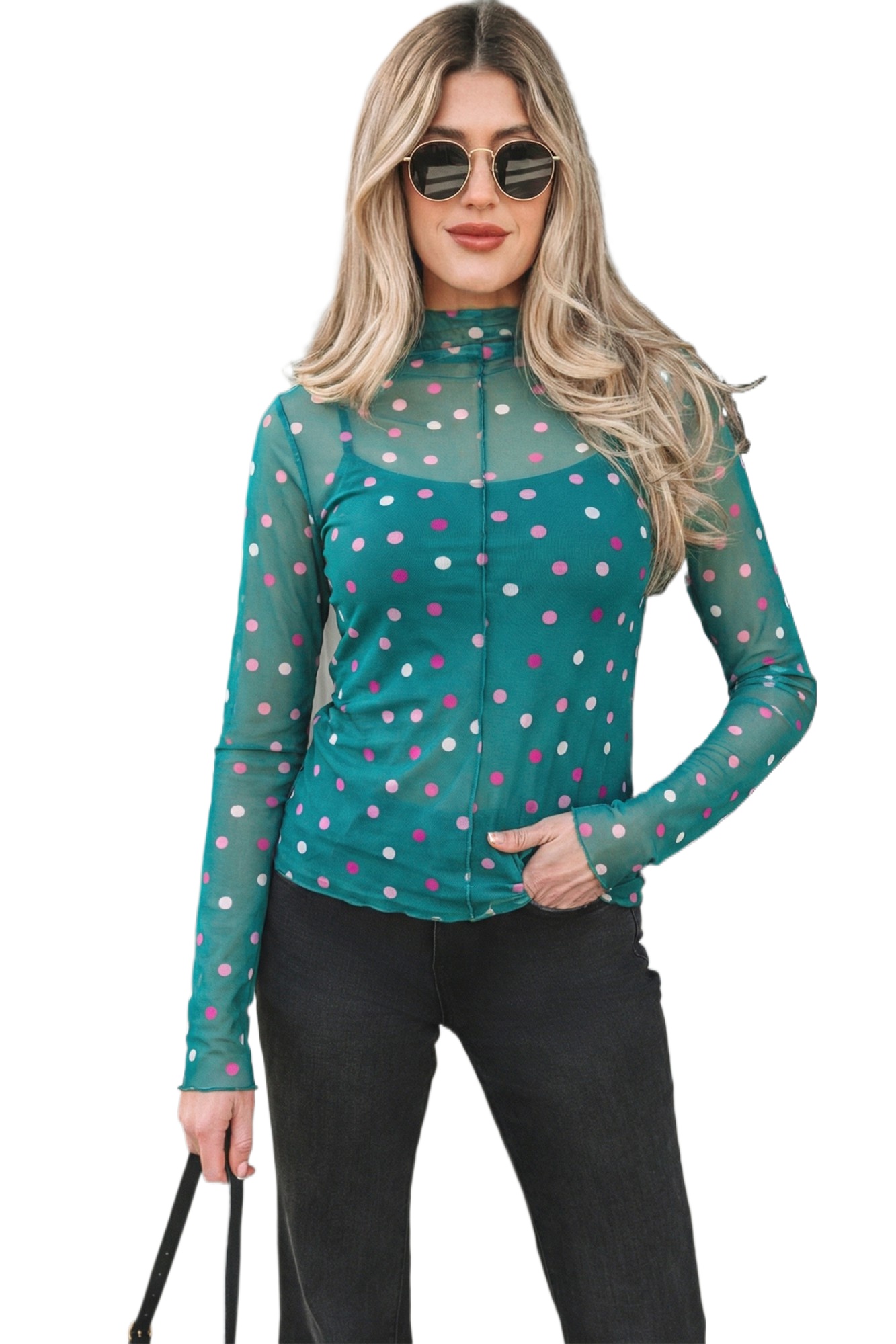 Women's Green Polka Dot Mesh Top – Mock Neck Long Sleeve Sheer Blouse for Date Night - Main View Women's Green Polka Dot Mesh Top – Mock Neck Long Sleeve Sheer Blouse for Date Night - Main View