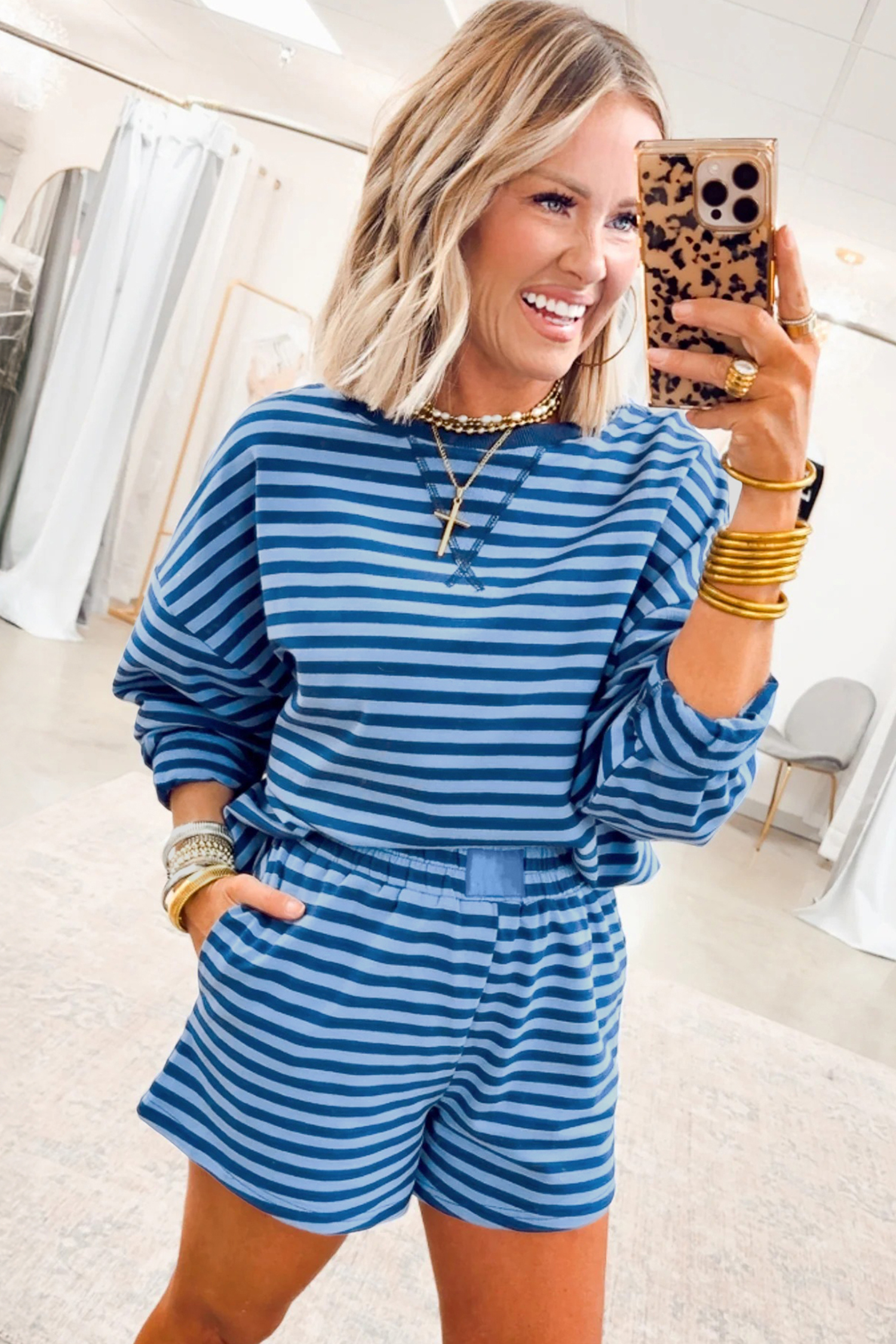 Casual Blue Stripe Long Sleeve Pullover with High Waist Shorts – Ideal for Daily Outings - Detail View 12 Casual Blue Stripe Long Sleeve Pullover with High Waist Shorts – Ideal for Daily Outings - Detail View 12