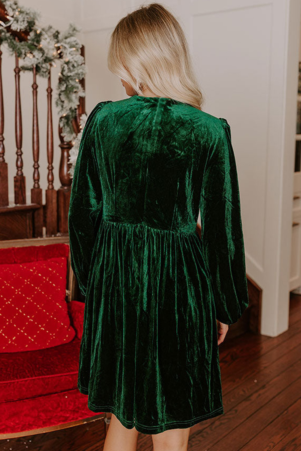 Stylish Evergreen Velvet Mini Dress with Bow Detail and Long Sleeves - Perfect for Fall Events - Detail View 2 Stylish Evergreen Velvet Mini Dress with Bow Detail and Long Sleeves - Perfect for Fall Events - Detail View 2