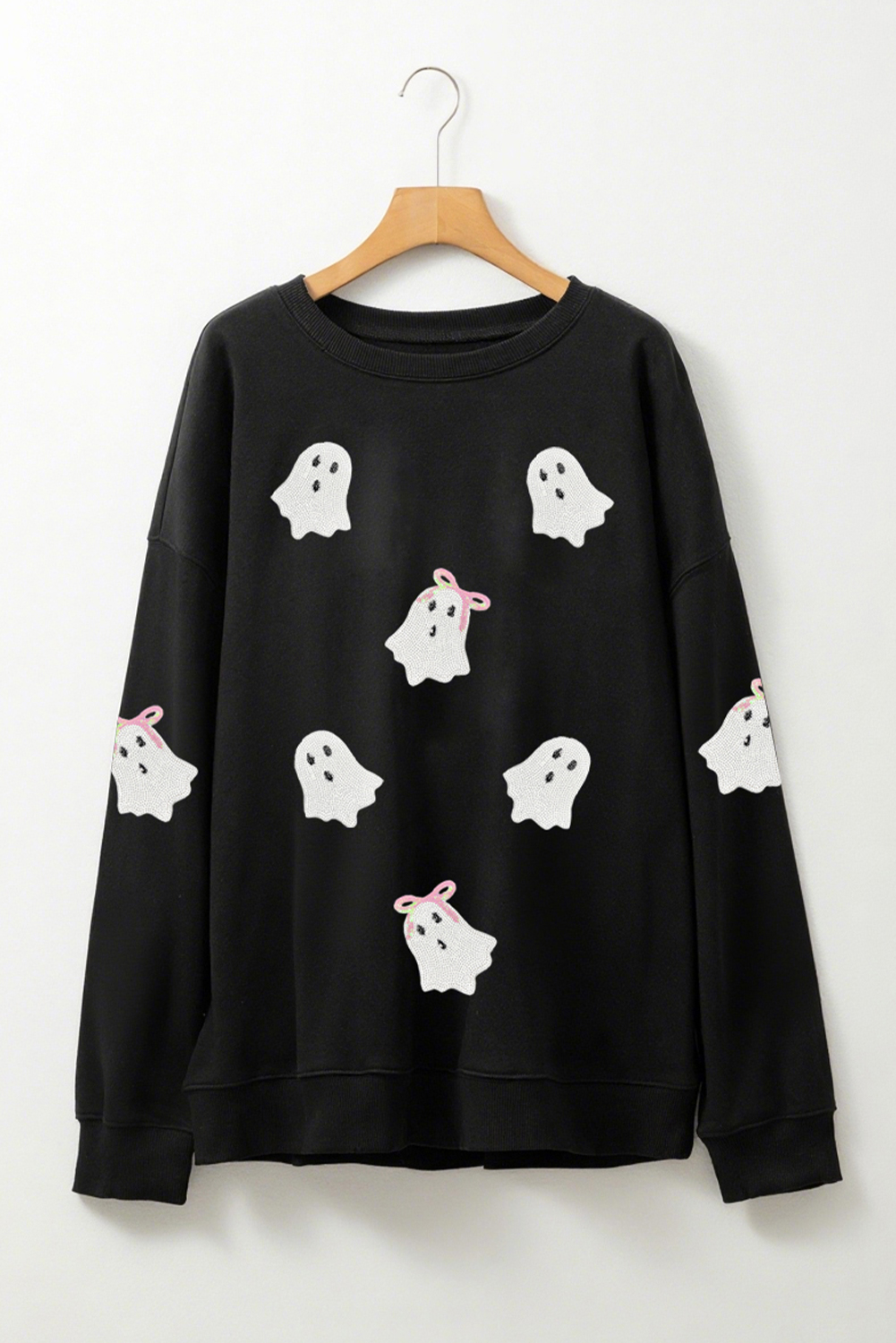 Casual Long Sleeve Crew Neck Sweatshirt with Cute Bow and Halloween Pattern - Detail View 7 Casual Long Sleeve Crew Neck Sweatshirt with Cute Bow and Halloween Pattern - Detail View 7