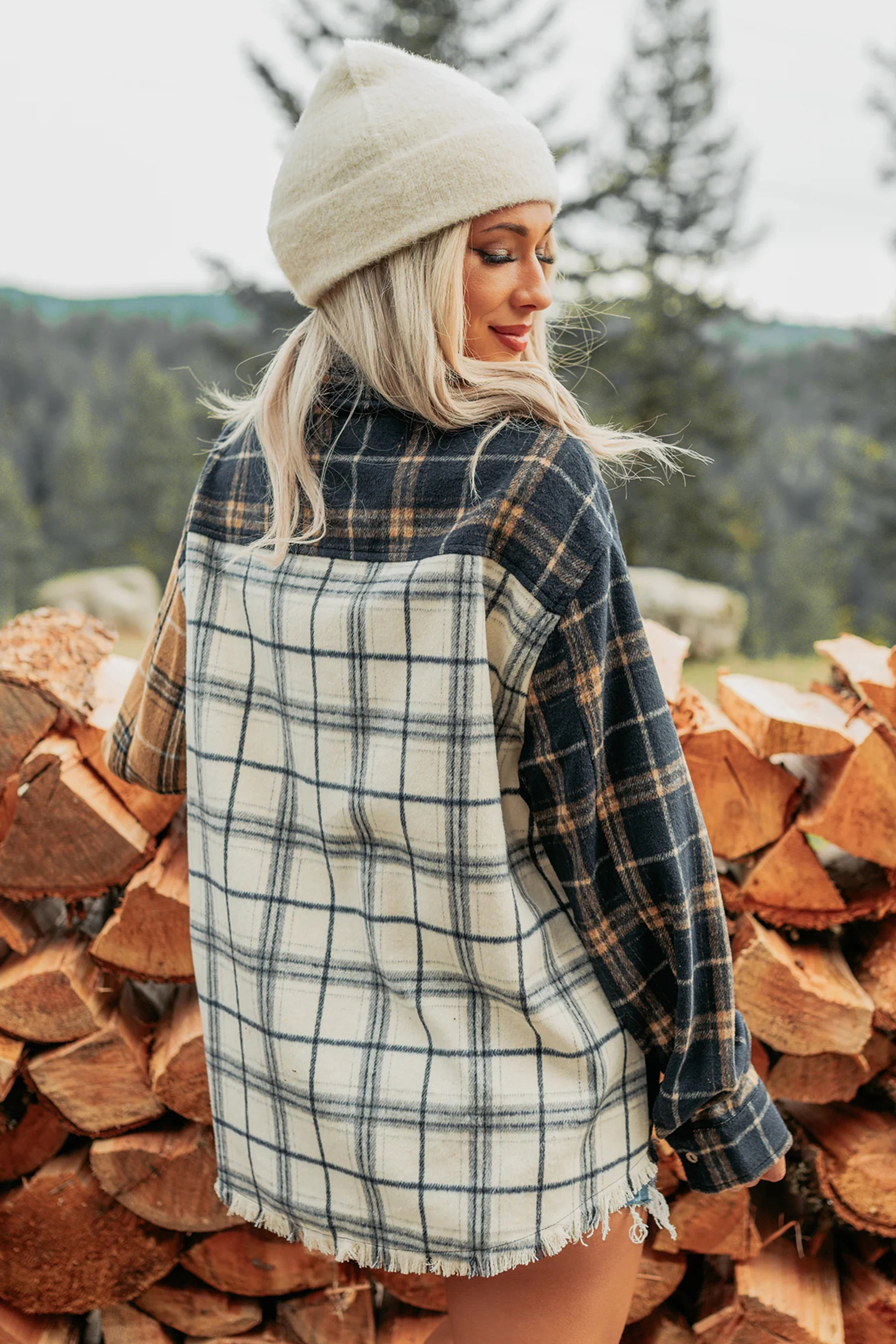 Multicolour Plaid Long Sleeve Shacket, Relaxed Fall Layering - Detail View 2 Multicolour Plaid Long Sleeve Shacket, Relaxed Fall Layering - Detail View 2