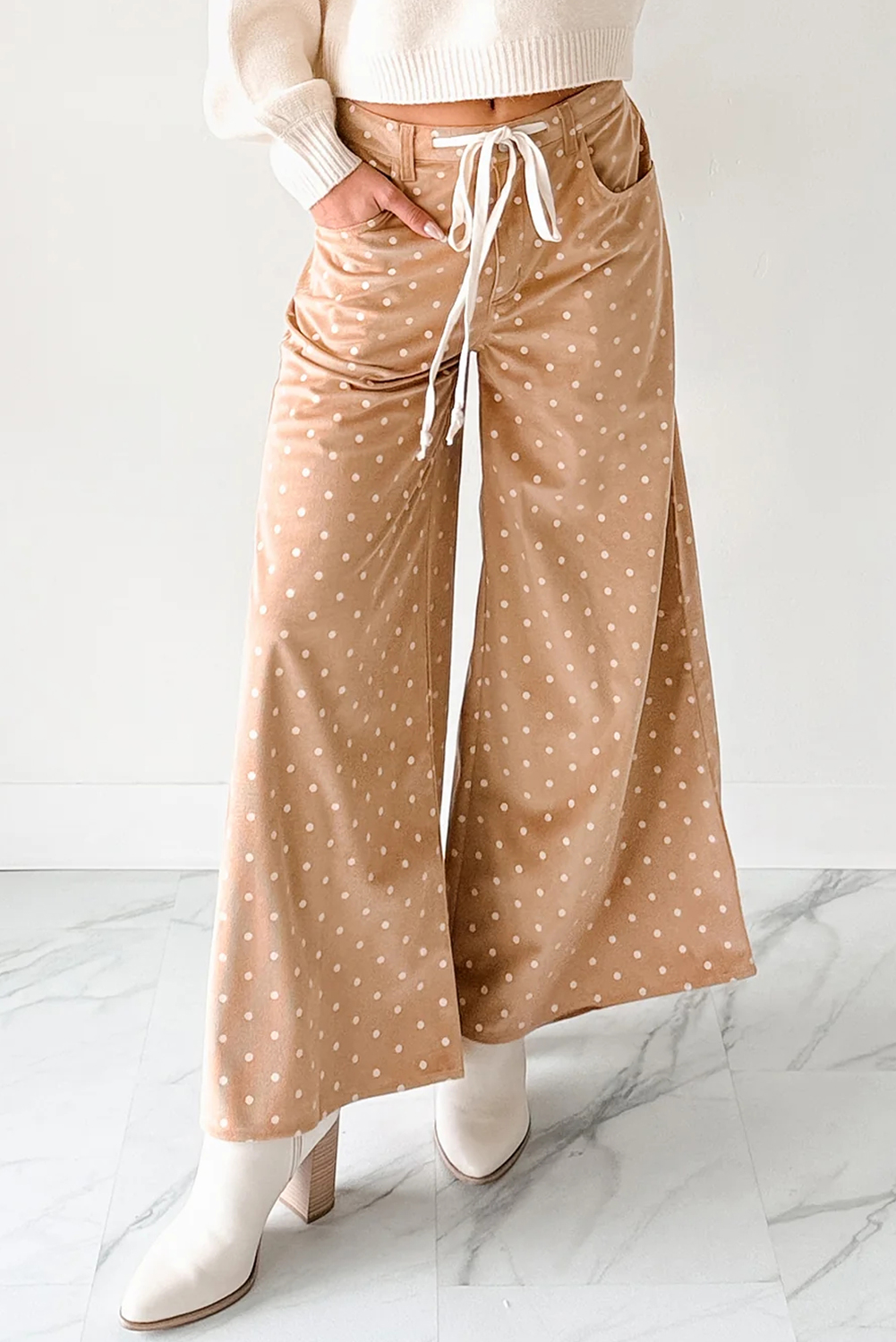 Stylish Women's Khaki Wide Leg Pants with Polka Dots – Comfortable Drawstring Fit for Everyday - Detail View 6 Stylish Women's Khaki Wide Leg Pants with Polka Dots – Comfortable Drawstring Fit for Everyday - Detail View 6