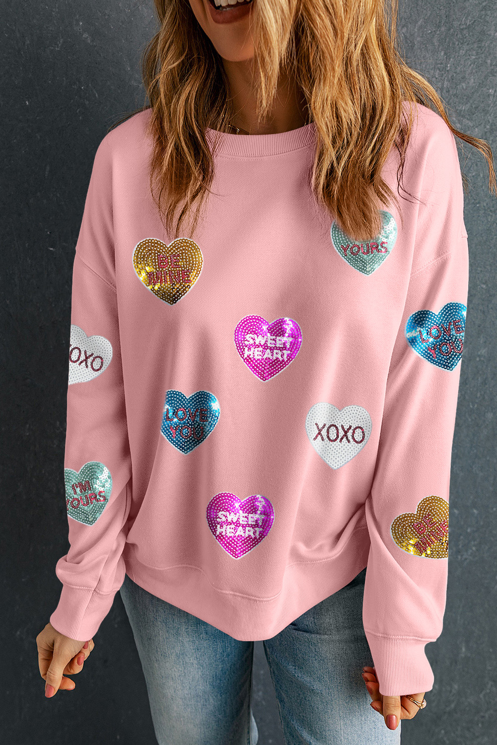 Stylish Crew Neck Pink Sweatshirt with Sequin Detail - Ideal for Everyday Wear - Detail View 7 Stylish Crew Neck Pink Sweatshirt with Sequin Detail - Ideal for Everyday Wear - Detail View 7