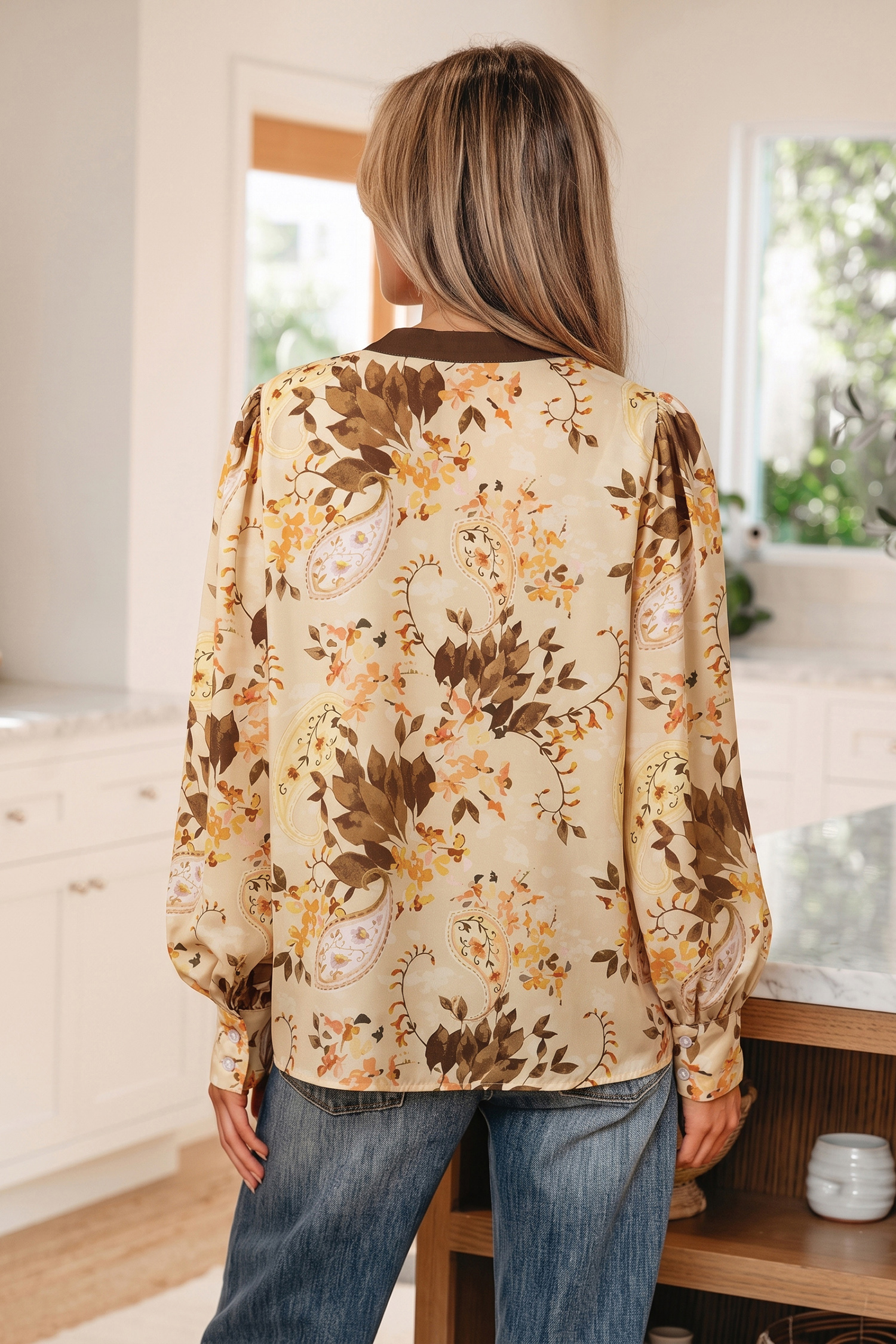 Khaki Floral Paisley Shirt, Women's Fall Tie Neck Boho Blouse - Detail View 3 Khaki Floral Paisley Shirt, Women's Fall Tie Neck Boho Blouse - Detail View 3
