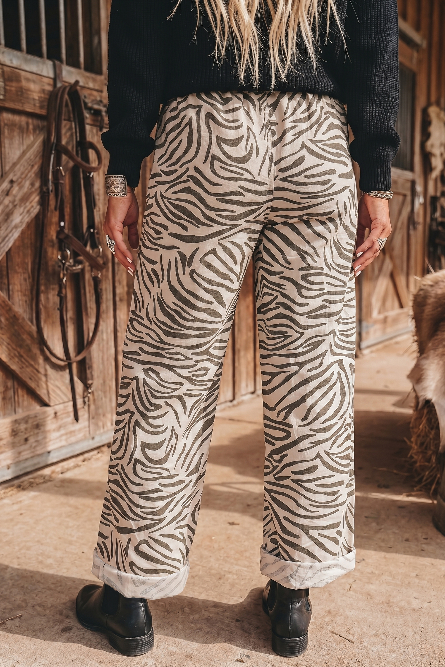 Women's Animal Stripe Trousers, High Waist Western Print - Detail View 2 Women's Animal Stripe Trousers, High Waist Western Print - Detail View 2