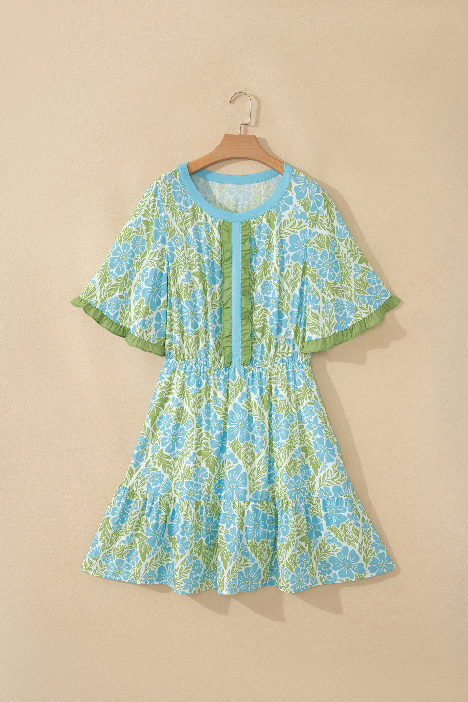 Summer Sky Blue Floral Print Dress for Women – Ruffle High Waist Mini, Short Sleeve Viscose Gift - Detail View 3 Summer Sky Blue Floral Print Dress for Women – Ruffle High Waist Mini, Short Sleeve Viscose Gift - Detail View 3