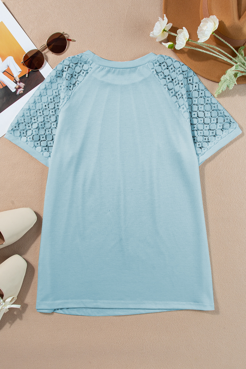 Women's Mist Blue Lace Detail Raglan Sleeve Tee – Casual Summer Style for Everyday Wear - Detail View 13 Women's Mist Blue Lace Detail Raglan Sleeve Tee – Casual Summer Style for Everyday Wear - Detail View 13
