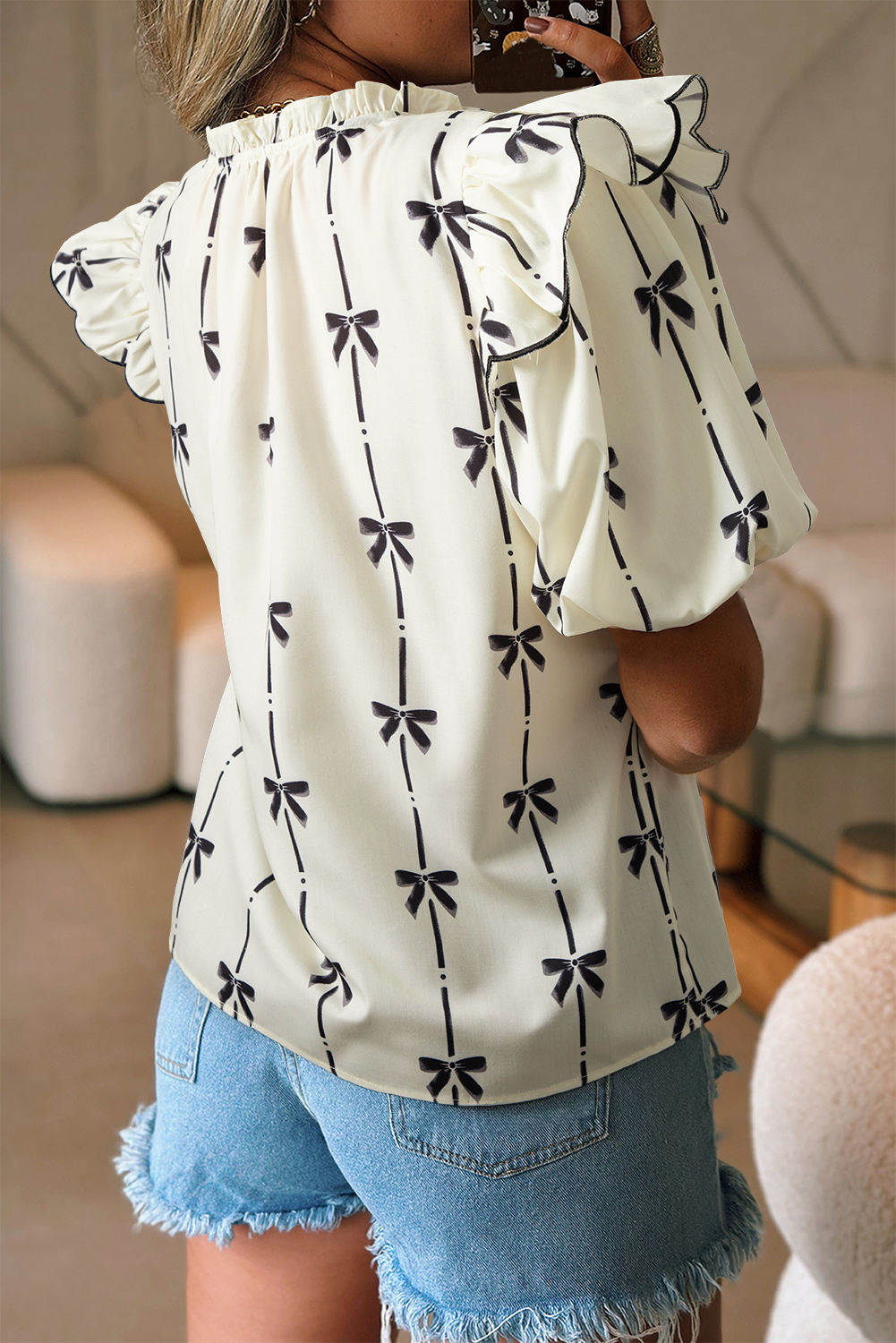 Stylish Short Sleeve Blouse with Bow Pattern and Ruffle Details - Perfect for Casual & Work - Detail View 10 Stylish Short Sleeve Blouse with Bow Pattern and Ruffle Details - Perfect for Casual & Work - Detail View 10
