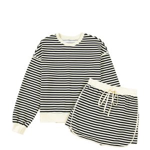 Women's Black Stripe Pullover Top & High-Waist Mini Skirt Set - Main View
