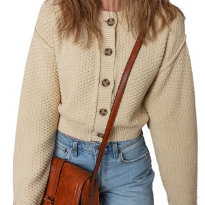 Women's Beige Button-Front Cropped Cardigan Sweater – Casual Long-Sleeve Layer for Daily Wear - Main View