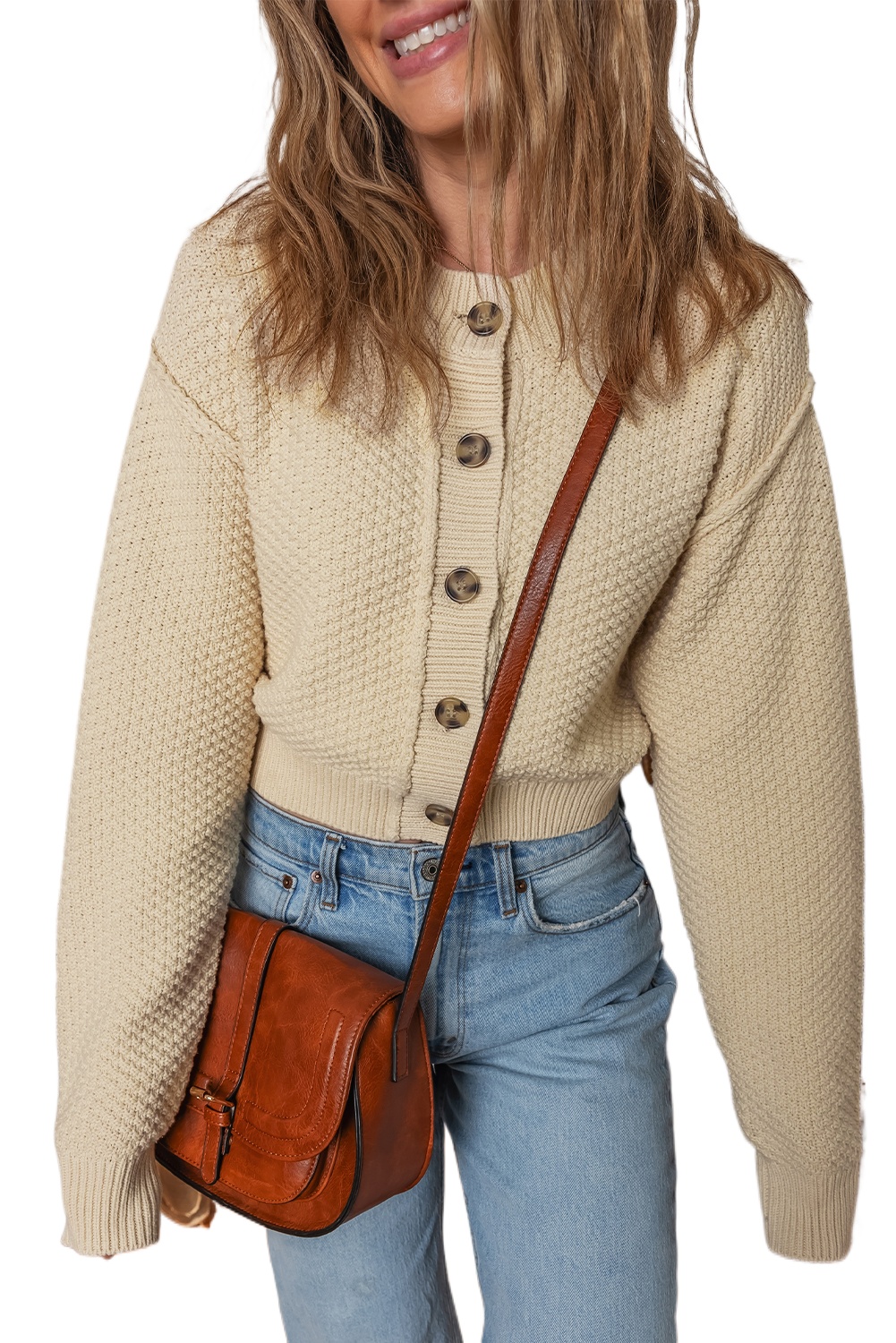 Women's Beige Button-Front Cropped Cardigan Sweater – Casual Long-Sleeve Layer for Daily Wear - Main View Women's Beige Button-Front Cropped Cardigan Sweater – Casual Long-Sleeve Layer for Daily Wear - Main View