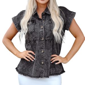 Women's Black Short Sleeve Flap Pocket Button Up Raw Hem Denim Shirt - Main View