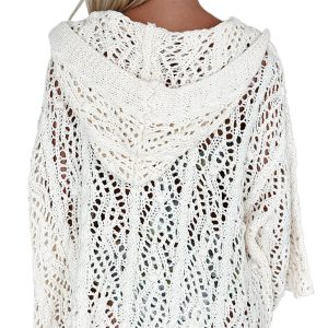 Women's Stylish White Open Knit Hooded Beach Cover Up - Versatile Casual Top - Main View