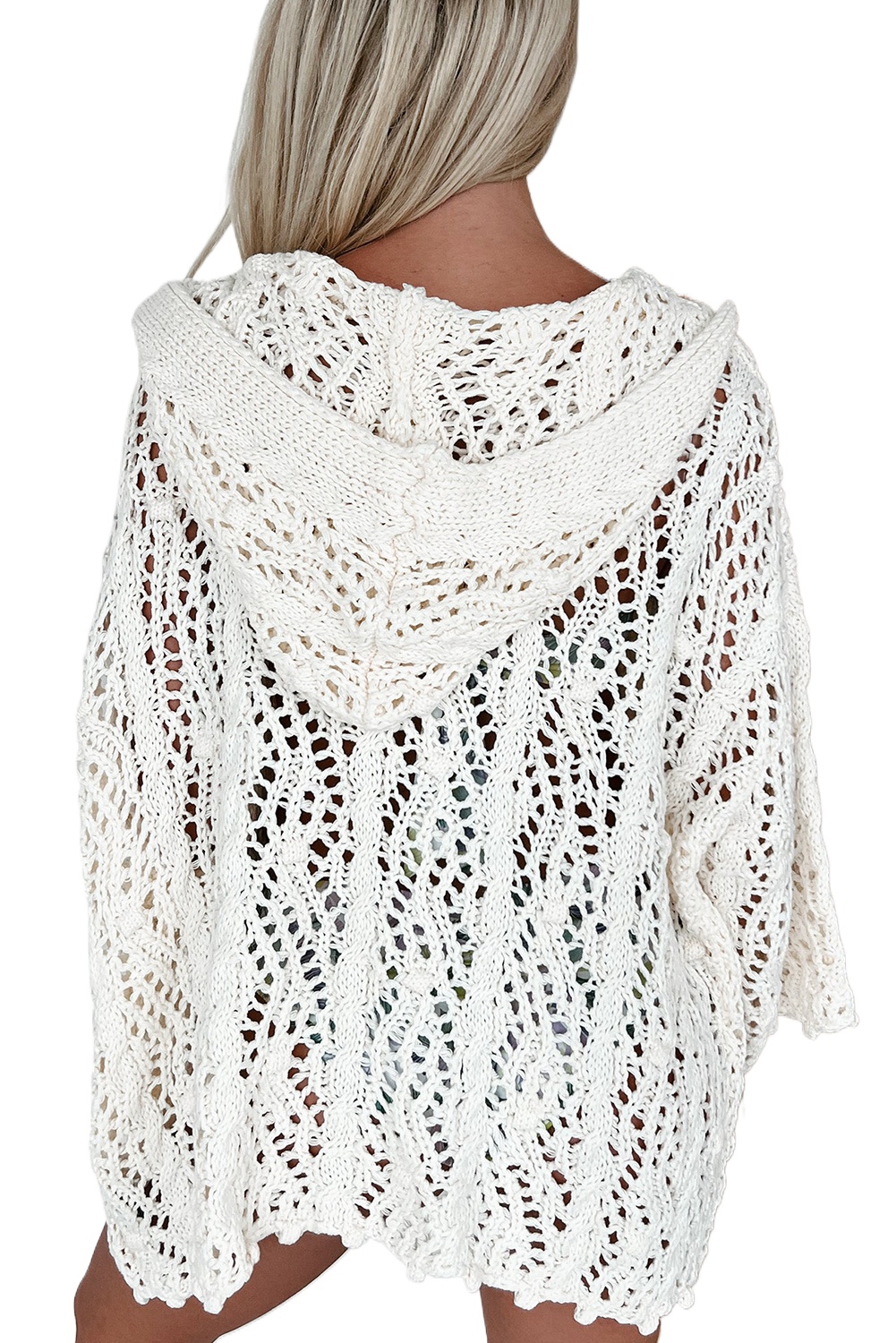 Women's Stylish White Open Knit Hooded Beach Cover Up - Versatile Casual Top - Main View Women's Stylish White Open Knit Hooded Beach Cover Up - Versatile Casual Top - Main View