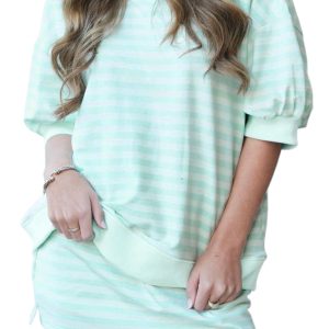 Women's Striped Two Piece Set, Casual Half Sleeve Top Skort - Main View