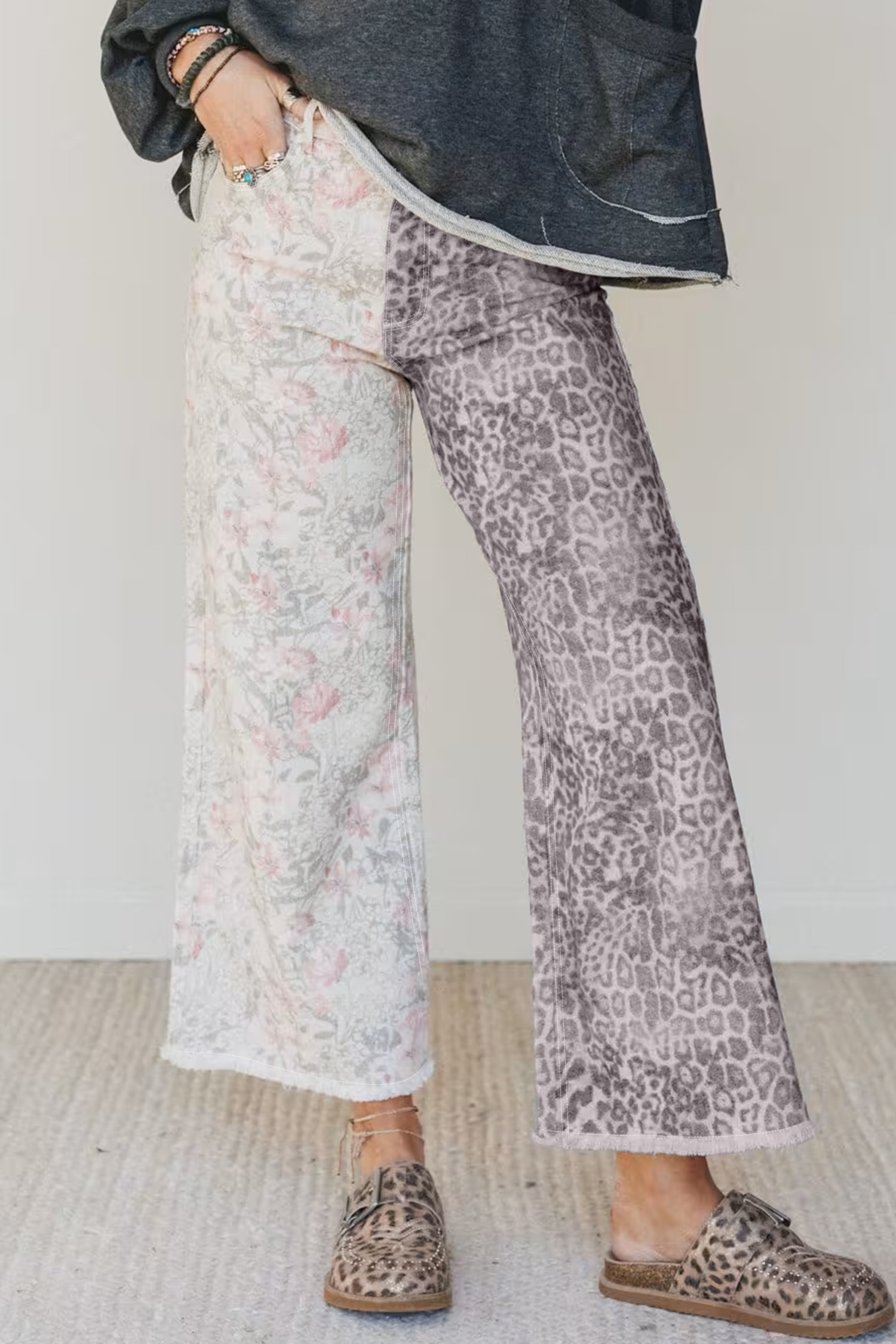 Casual High Waist Patchwork Denim for Women – Floral and Leopard Print Raw Hem Jeans - Detail View 5 Casual High Waist Patchwork Denim for Women – Floral and Leopard Print Raw Hem Jeans - Detail View 5
