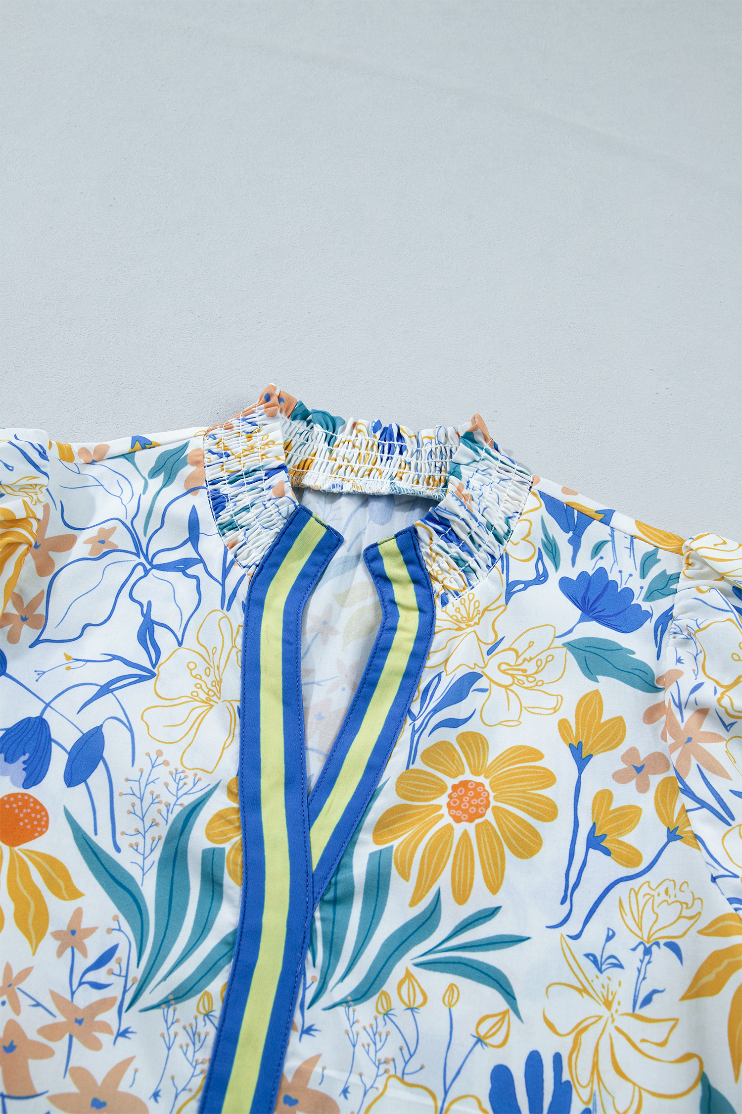 Southern Belle Floral Blouse for Women – Striped Trim V-Neck - Detail View 8 Southern Belle Floral Blouse for Women – Striped Trim V-Neck - Detail View 8