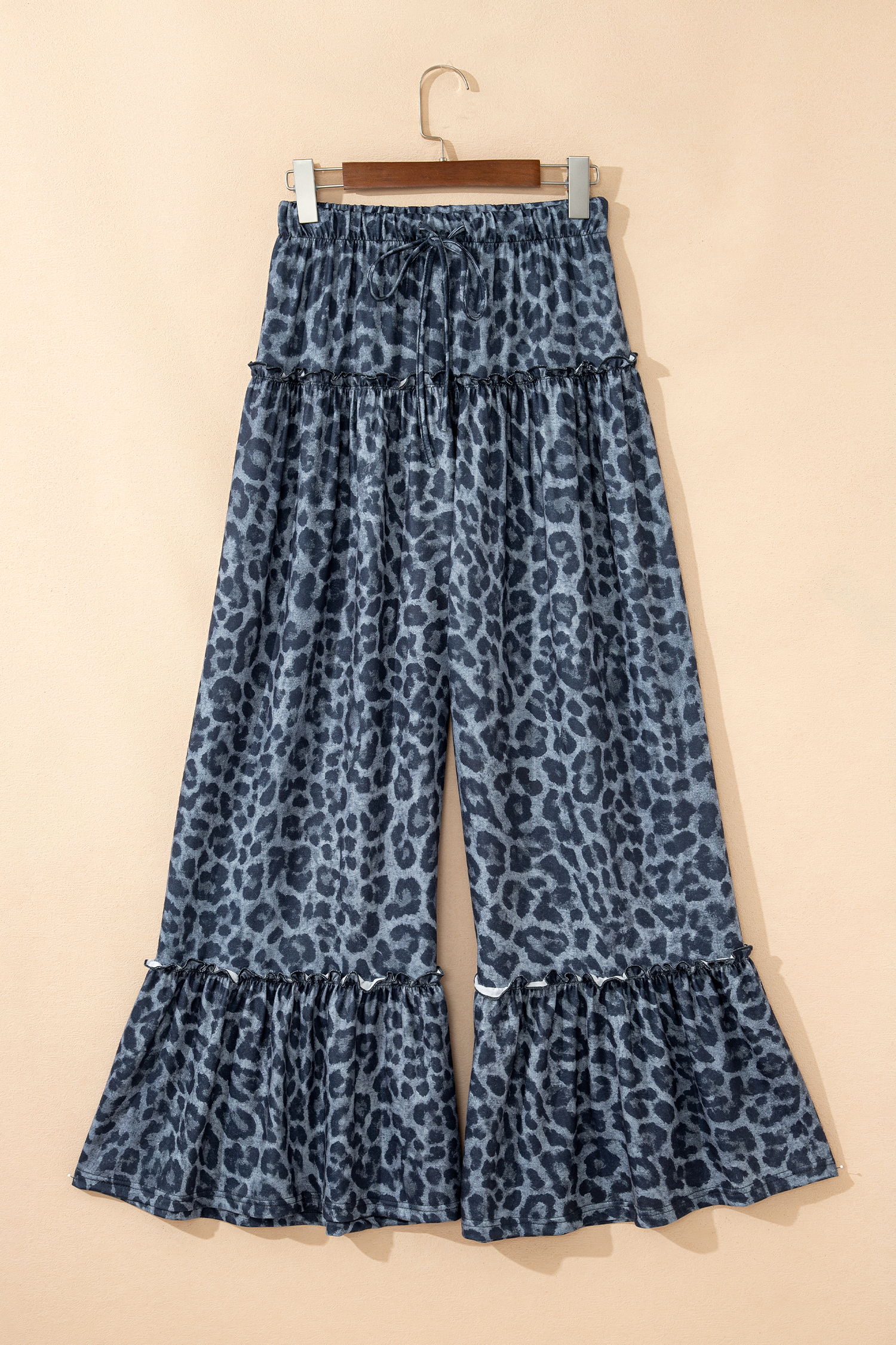 Women's Gray Leopard Print Frilled Detail Wide Leg Pants – Effortless Style for Daily Wear - Detail View 2 Women's Gray Leopard Print Frilled Detail Wide Leg Pants – Effortless Style for Daily Wear - Detail View 2