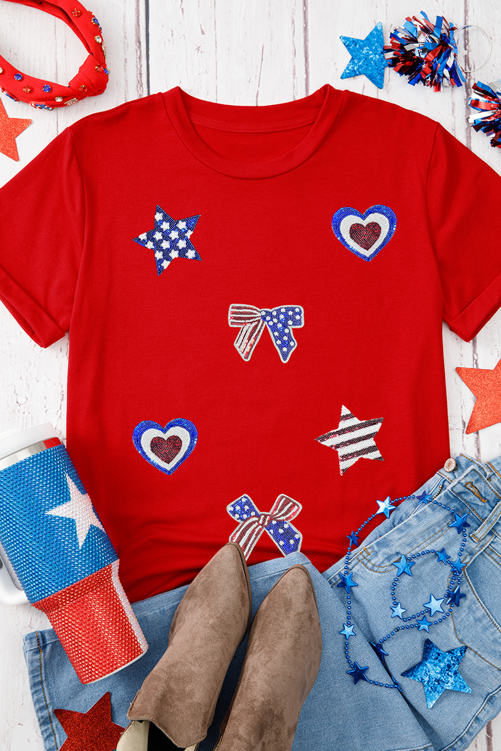 Casual Short Sleeve Crewneck Tee with Sparkling Bow, Star, and Heart Sequins - Detail View 2 Casual Short Sleeve Crewneck Tee with Sparkling Bow, Star, and Heart Sequins - Detail View 2
