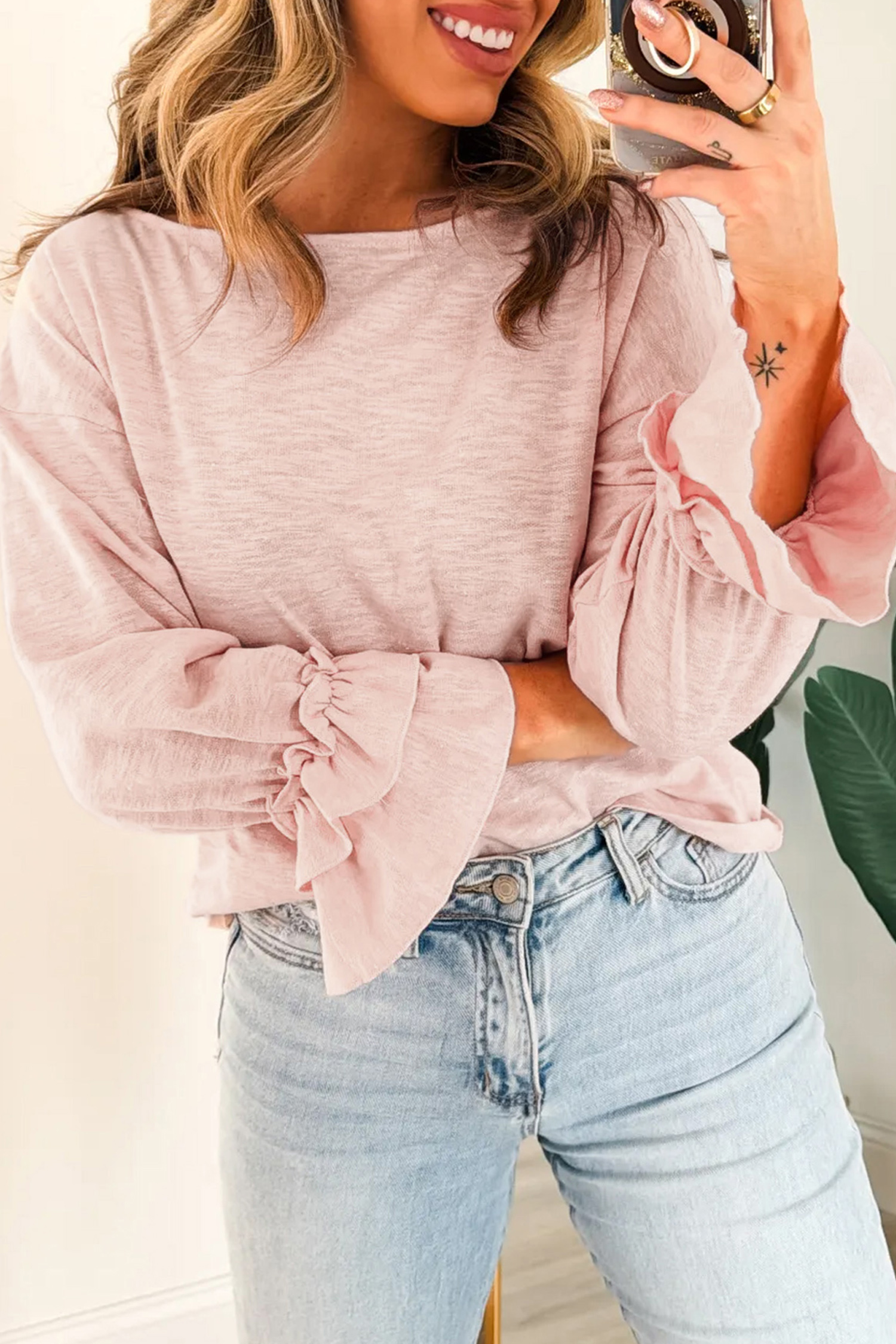 Women's Casual Pink Long Sleeve Top – Ruffle Cuff Spring Knit - Detail View 6 Women's Casual Pink Long Sleeve Top – Ruffle Cuff Spring Knit - Detail View 6