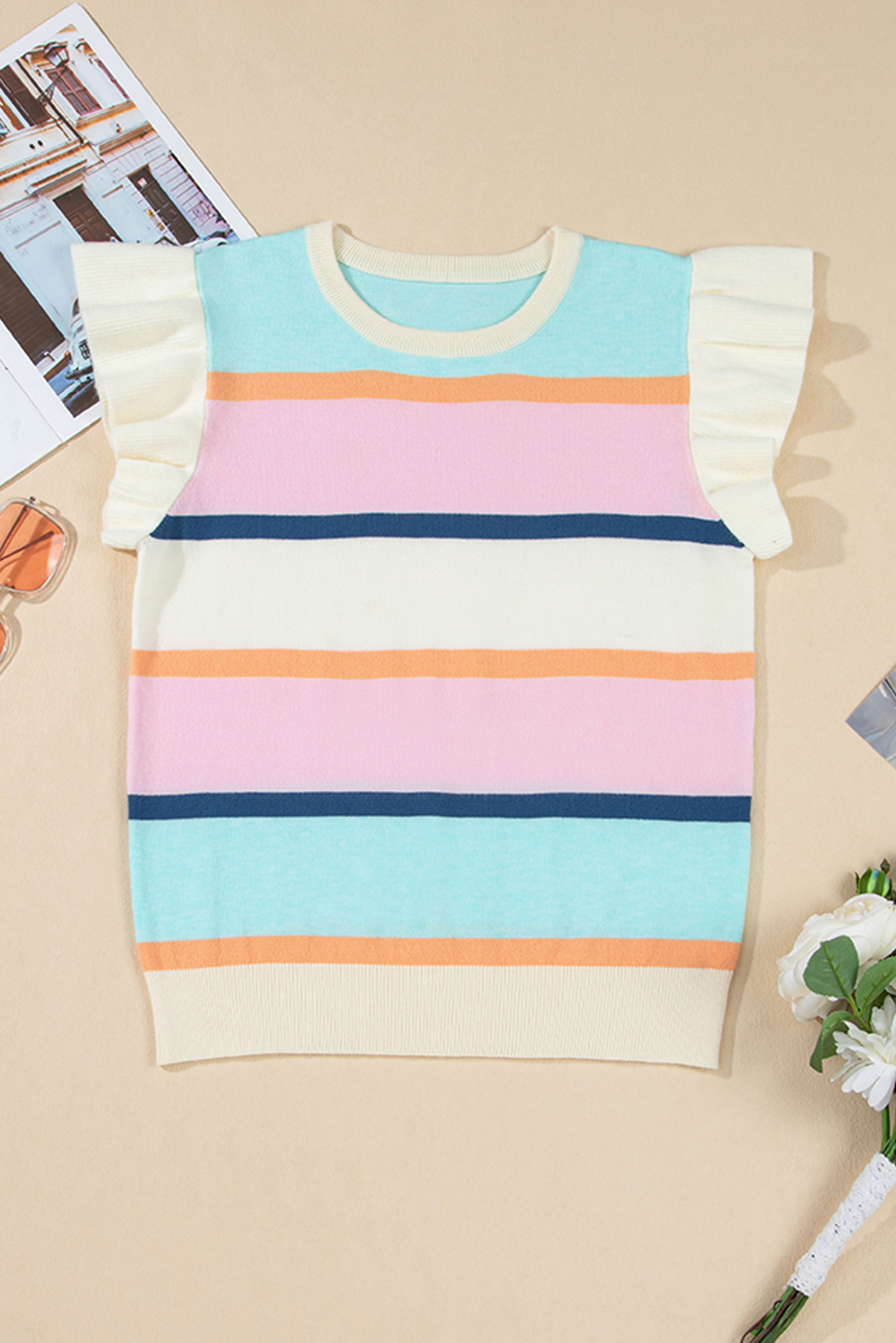 Women's Sweater, Multicolor, Color Block, Flutter Sleeve, Short Sleeve, Casual Style, Summer Knit, Soft and Breathable, Unique Design, Eye-Catching, Comfortable Fit, Daily Wear, Tops, Short Sleeve Sweaters - Detail View 4 Women's Sweater, Multicolor, Color Block, Flutter Sleeve, Short Sleeve, Casual Style, Summer Knit, Soft and Breathable, Unique Design, Eye-Catching, Comfortable Fit, Daily Wear, Tops, Short Sleeve Sweaters - Detail View 4