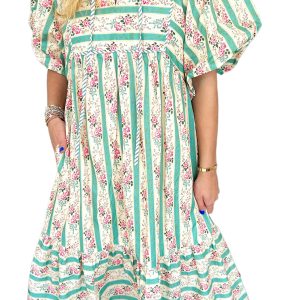 Women's Multicolour Striped Floral Print Tie Split Neck Puff Sleeve Midi Dress - Main View