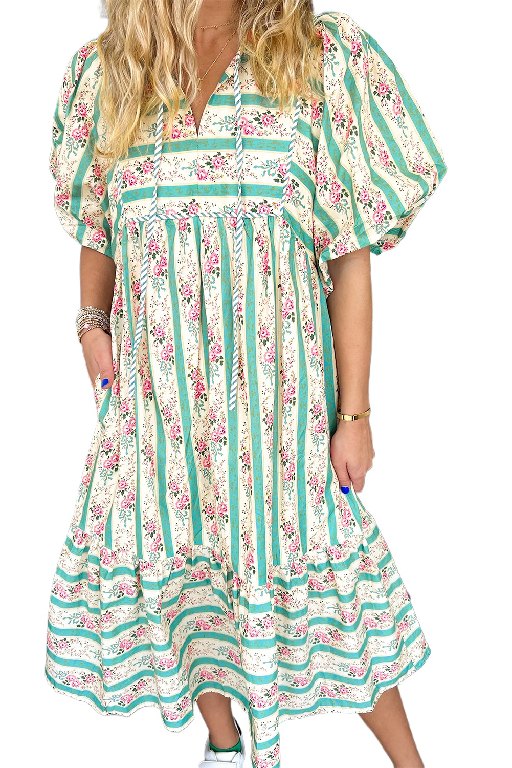 Women's Multicolour Striped Floral Print Tie Split Neck Puff Sleeve Midi Dress - Main View Women's Multicolour Striped Floral Print Tie Split Neck Puff Sleeve Midi Dress - Main View