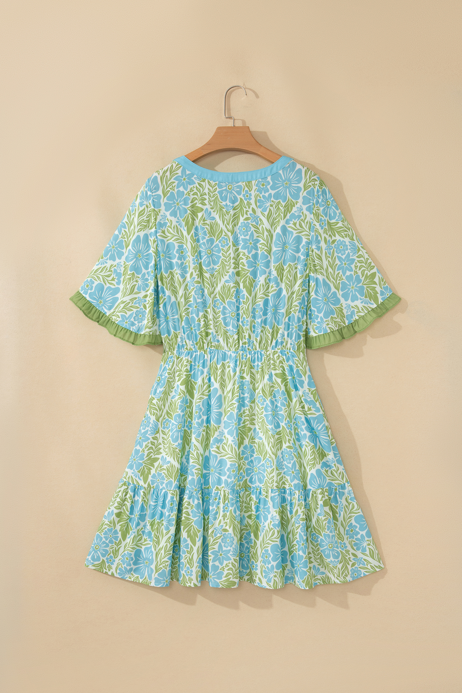 Women's Sky Blue Floral Shift Mini Dress – Elegant Ruffle Short Sleeve, High Waist Vacation Style - Detail View 5 Women's Sky Blue Floral Shift Mini Dress – Elegant Ruffle Short Sleeve, High Waist Vacation Style - Detail View 5