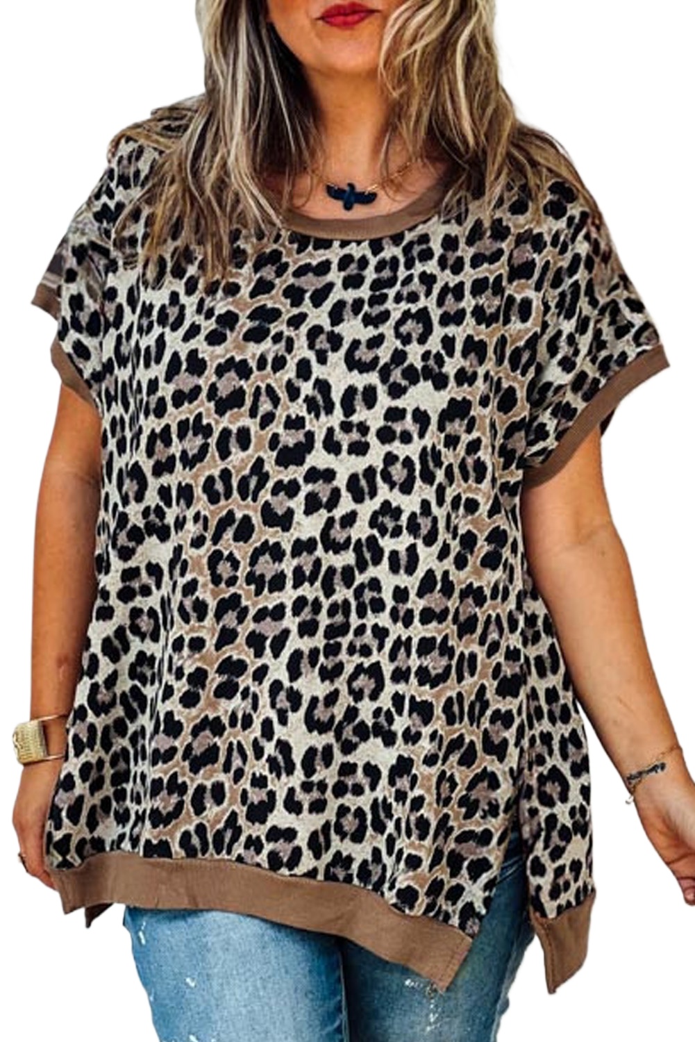 Women's Khaki Leopard Contrast Trim Short Sleeve Loose Plus Size Top - Main View Women's Khaki Leopard Contrast Trim Short Sleeve Loose Plus Size Top - Main View