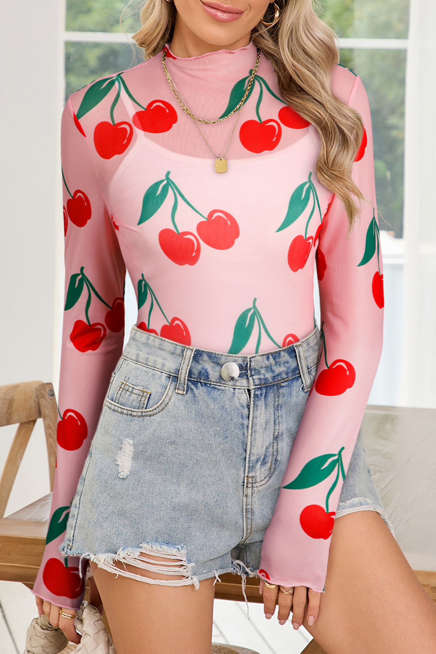 Casual Pink Cherry Print Long Sleeve Top with Lettuce Trim – Ideal for Valentine's Day - Detail View 3 Casual Pink Cherry Print Long Sleeve Top with Lettuce Trim – Ideal for Valentine's Day - Detail View 3
