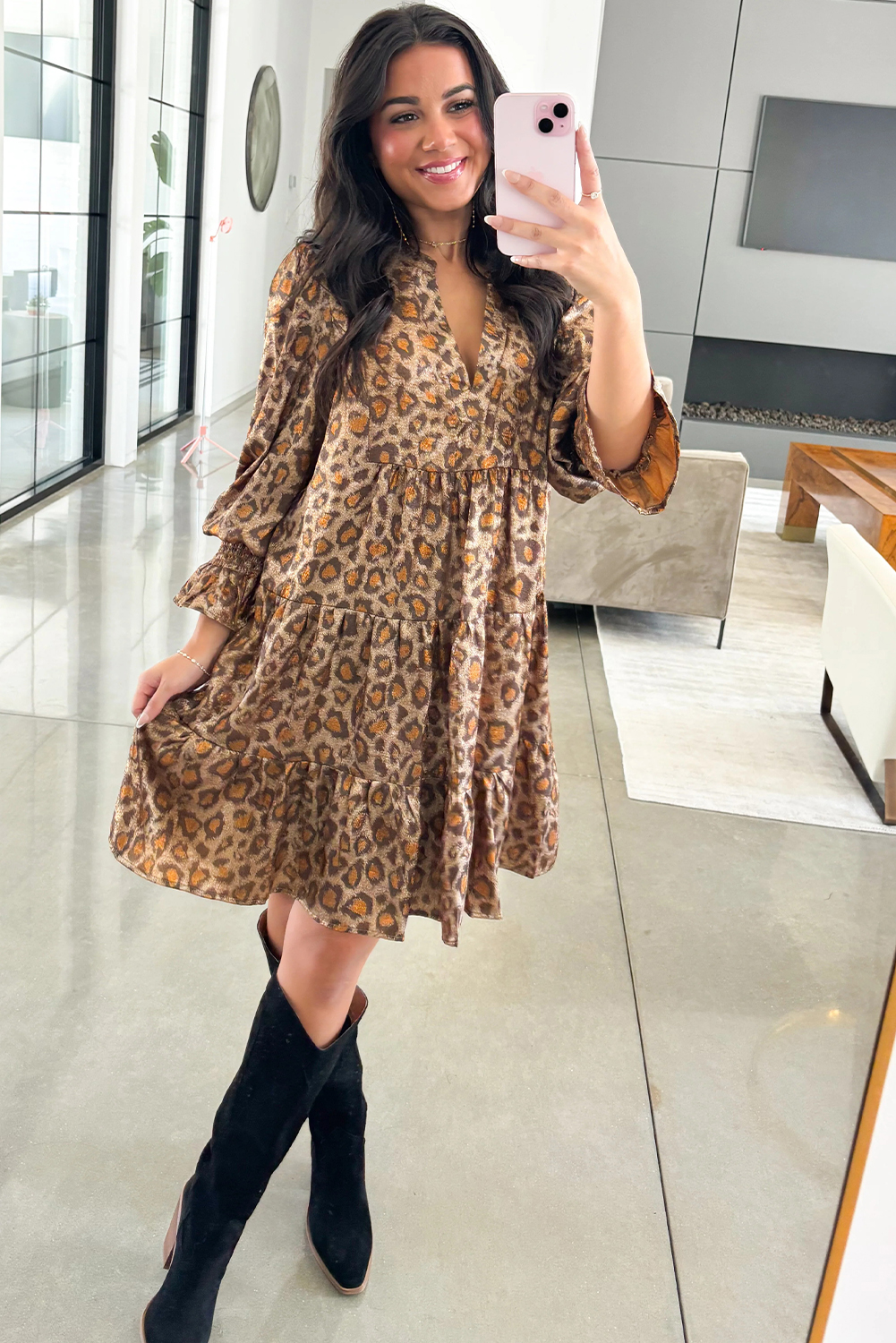 Stylish Khaki Leopard Print V Neck Dress – Ruffled Sleeve Shift Dress for Beach Outings - Detail View 6 Stylish Khaki Leopard Print V Neck Dress – Ruffled Sleeve Shift Dress for Beach Outings - Detail View 6