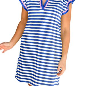 Chic Women's Dark Blue Stripe Print Flutter Sleeve Short Dress with Contrast Collar - Main View