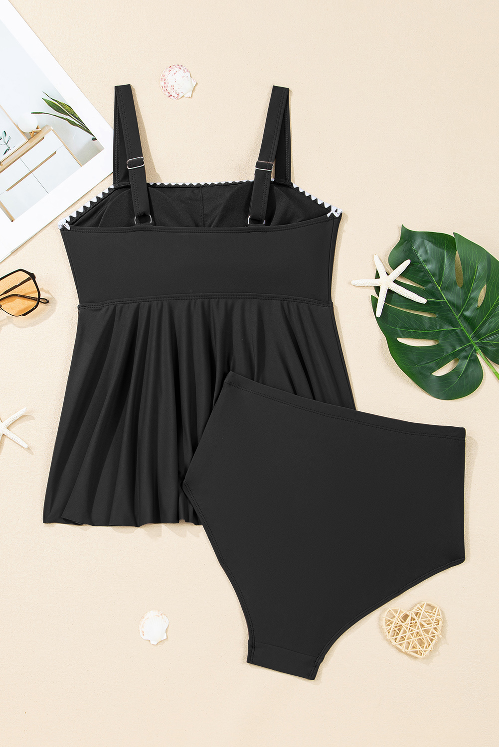 Flared Black Tankini with Contrast Trim – Elegant 2-Piece Swimsuit for Women's Poolside Style - Detail View 9 Flared Black Tankini with Contrast Trim – Elegant 2-Piece Swimsuit for Women's Poolside Style - Detail View 9