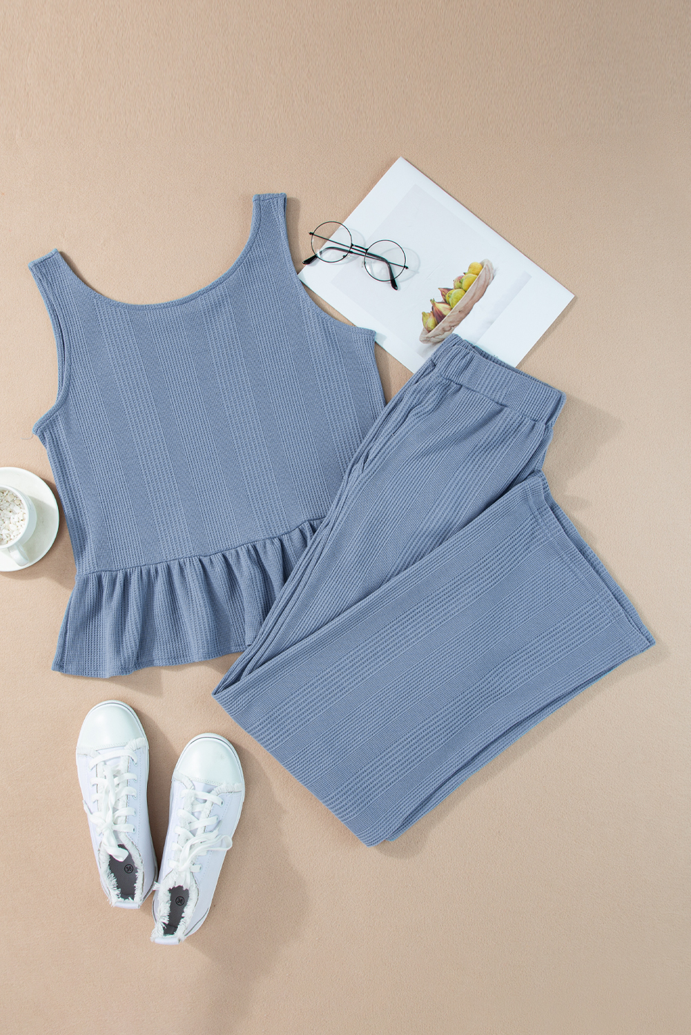 Women's Beau Blue Solid Color Ribbed Ruffle Tank Top and Pants Set - Detail View 9 Women's Beau Blue Solid Color Ribbed Ruffle Tank Top and Pants Set - Detail View 9