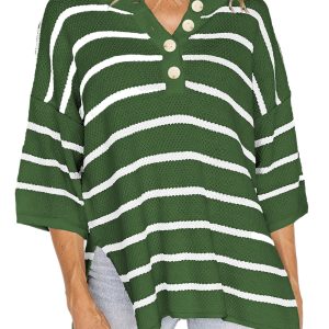 Women's Green Stripe Knit Sweater Tee with Buttoned Placket and Drop Shoulder - Main View
