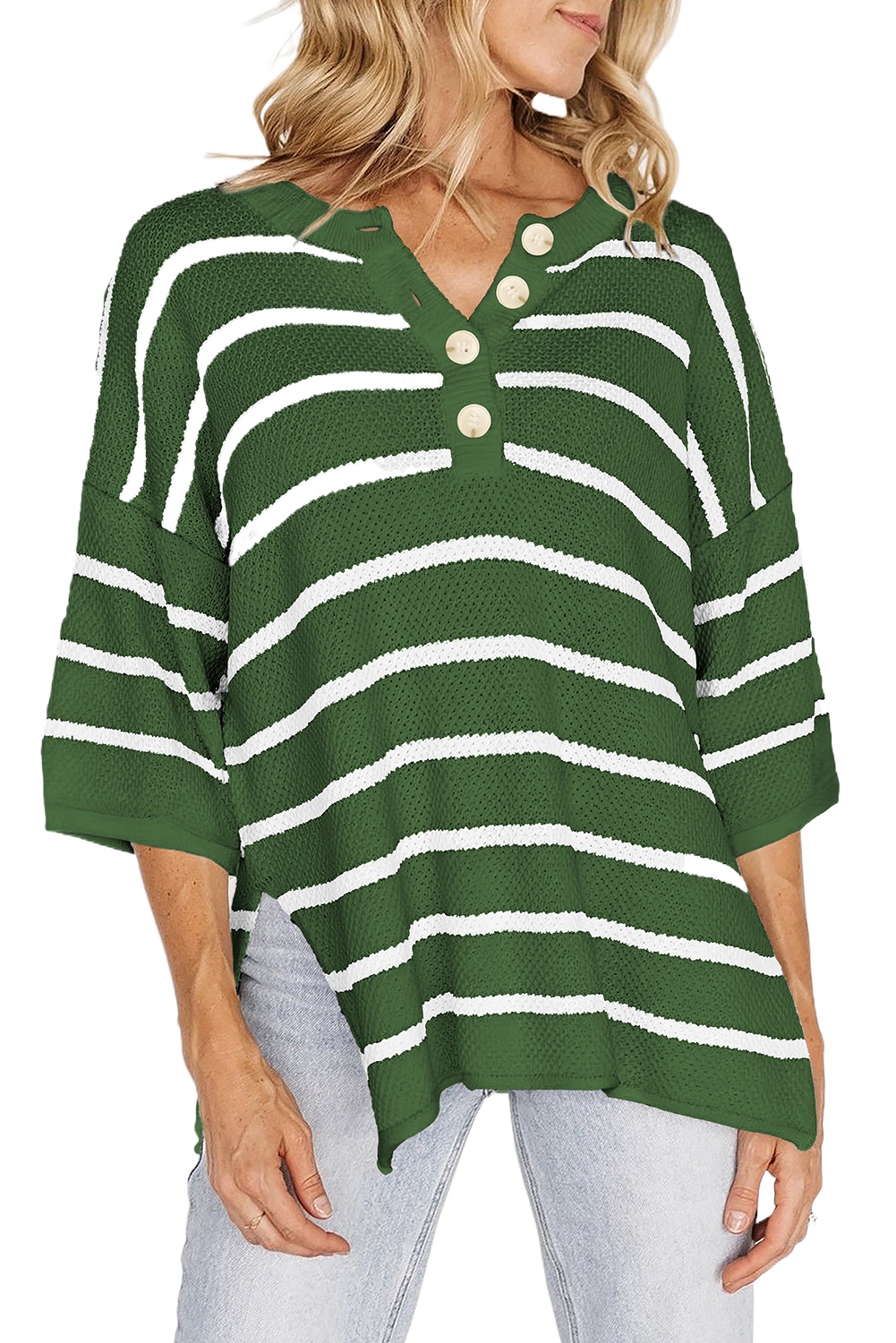 Women's Green Stripe Knit Sweater Tee with Buttoned Placket and Drop Shoulder - Main View Women's Green Stripe Knit Sweater Tee with Buttoned Placket and Drop Shoulder - Main View