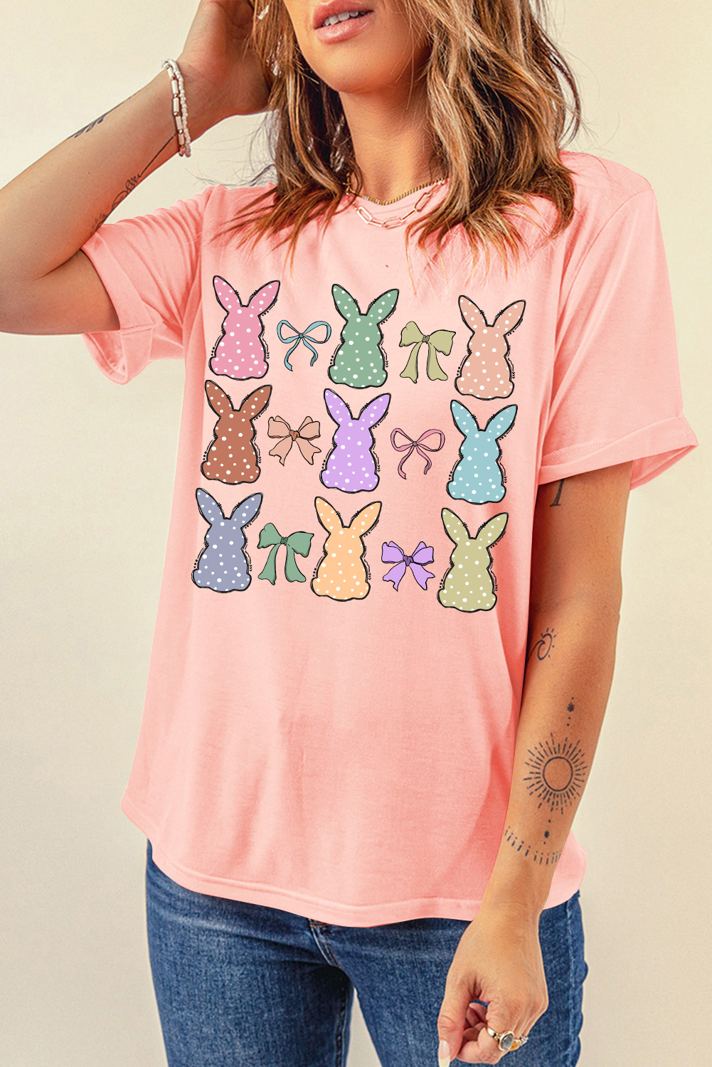 Fun and Festive Women's Round Neck T-Shirt - Pink Dotty Pattern for Easter - Detail View 7 Fun and Festive Women's Round Neck T-Shirt - Pink Dotty Pattern for Easter - Detail View 7