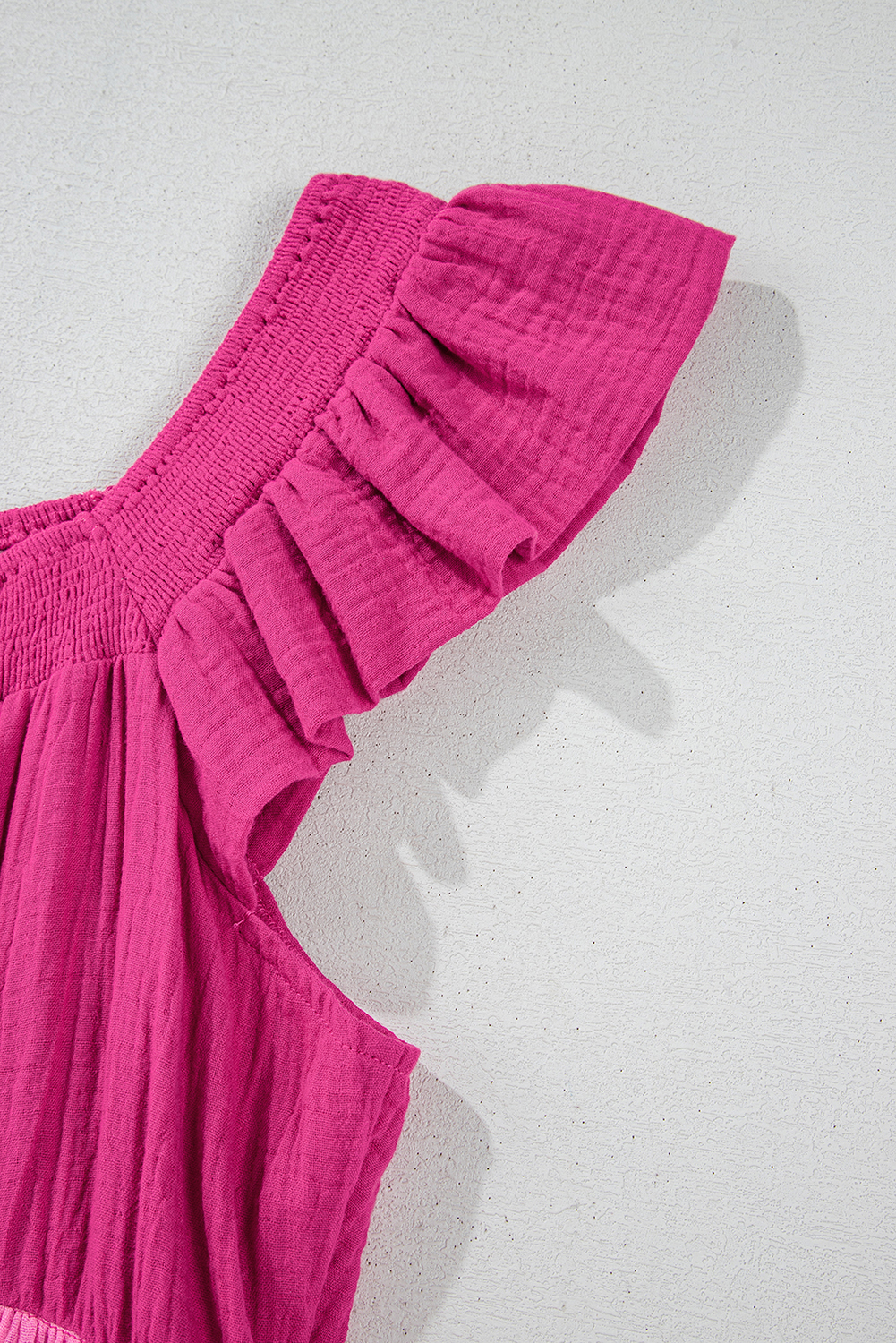Women's Mini Dress, Pink Dress, Colorblock, Flutter Sleeves, Tiered Design, Smocked Neckline, Casual Dress, Flared Silhouette, Beachwear, Summer Fashion, Vacation Attire, Short Dress, 100% Cotton, Comfortable Fit - Detail View 12 Women's Mini Dress, Pink Dress, Colorblock, Flutter Sleeves, Tiered Design, Smocked Neckline, Casual Dress, Flared Silhouette, Beachwear, Summer Fashion, Vacation Attire, Short Dress, 100% Cotton, Comfortable Fit - Detail View 12