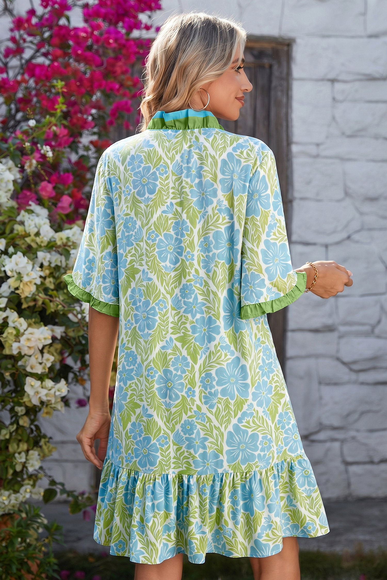 Sky Blue Floral Summer Dress for Women - Frilled Trim V-Neck Vacation Shift Dress - Detail View 2 Sky Blue Floral Summer Dress for Women - Frilled Trim V-Neck Vacation Shift Dress - Detail View 2