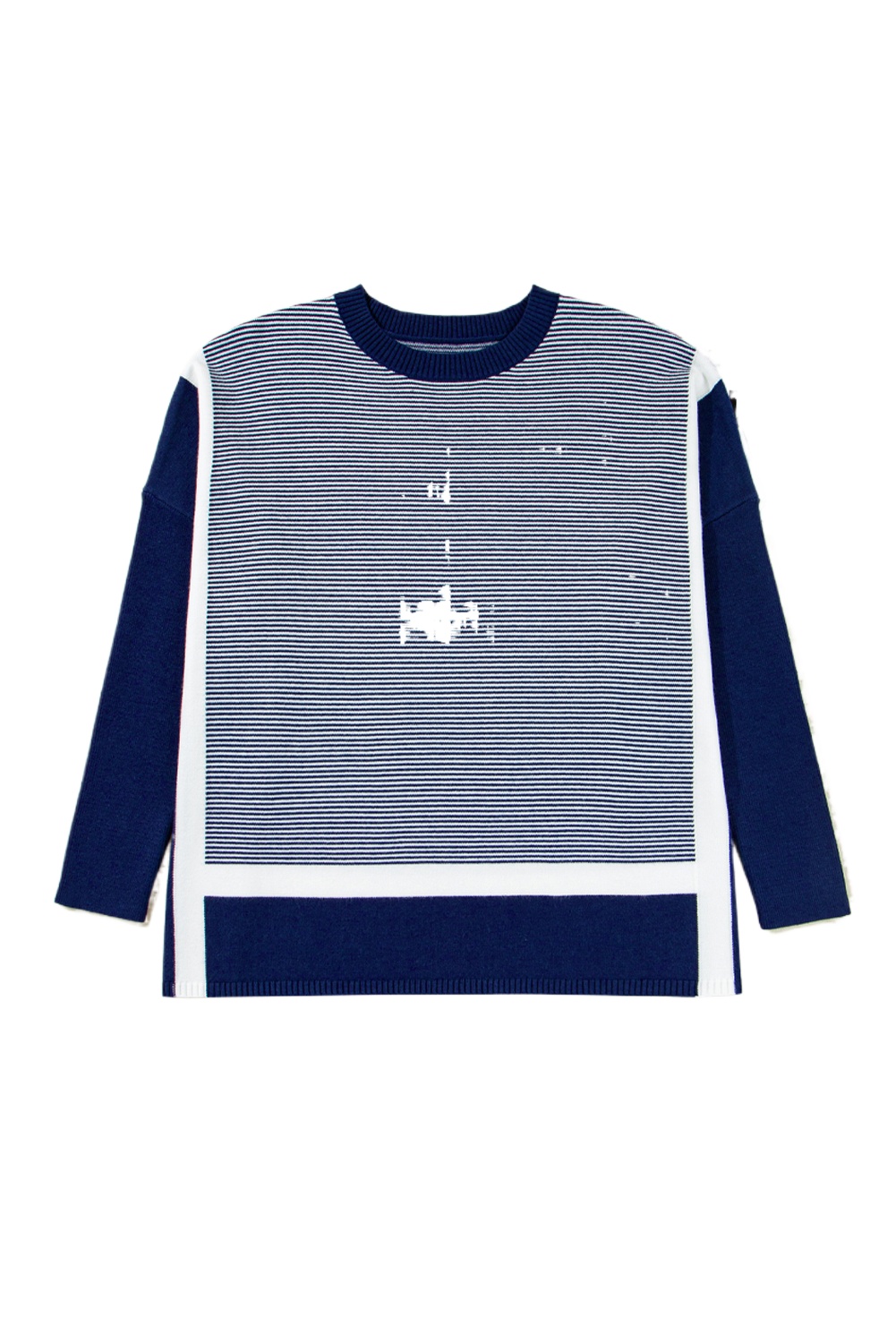 Women's Oversized Blue Stripe Color Block Dolman Tunic Sweater - Main View Women's Oversized Blue Stripe Color Block Dolman Tunic Sweater - Main View