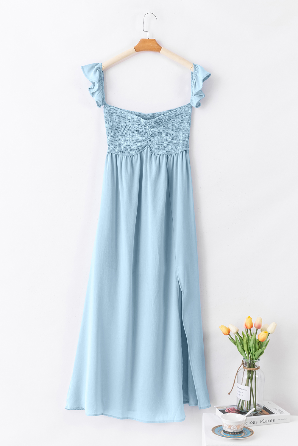 Women's Sky Blue Off Shoulder Dress – Elegant Ruched Maxi Gown - Detail View 6 Women's Sky Blue Off Shoulder Dress – Elegant Ruched Maxi Gown - Detail View 6