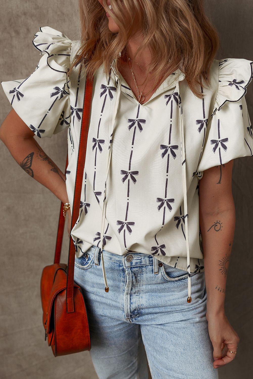 Lightweight and Comfy Beige V Neck Blouse with Puff Sleeves - Ideal for Summer Days - Detail View 7 Lightweight and Comfy Beige V Neck Blouse with Puff Sleeves - Ideal for Summer Days - Detail View 7