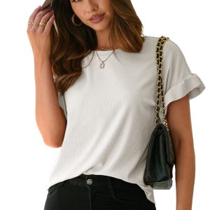 Women's White Ribbed Ruffled Short Sleeve T-Shirt – Casual Office Essential for Summer - Main View