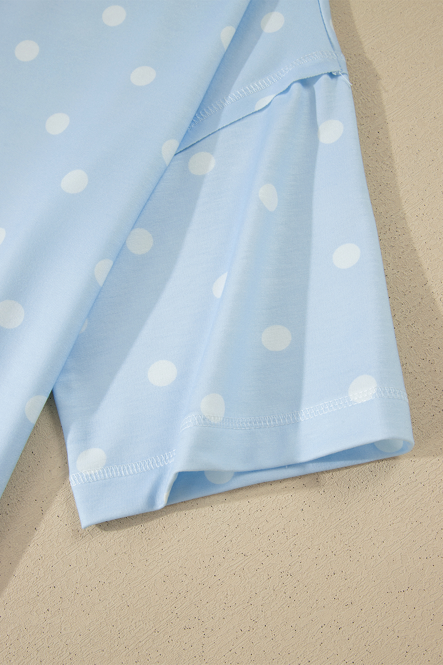 Women's Sky Blue Polka Dot Lounge Set – Exposed Seam Tee and Drawstring Shorts, Casual Daily Wear - Detail View 13 Women's Sky Blue Polka Dot Lounge Set – Exposed Seam Tee and Drawstring Shorts, Casual Daily Wear - Detail View 13