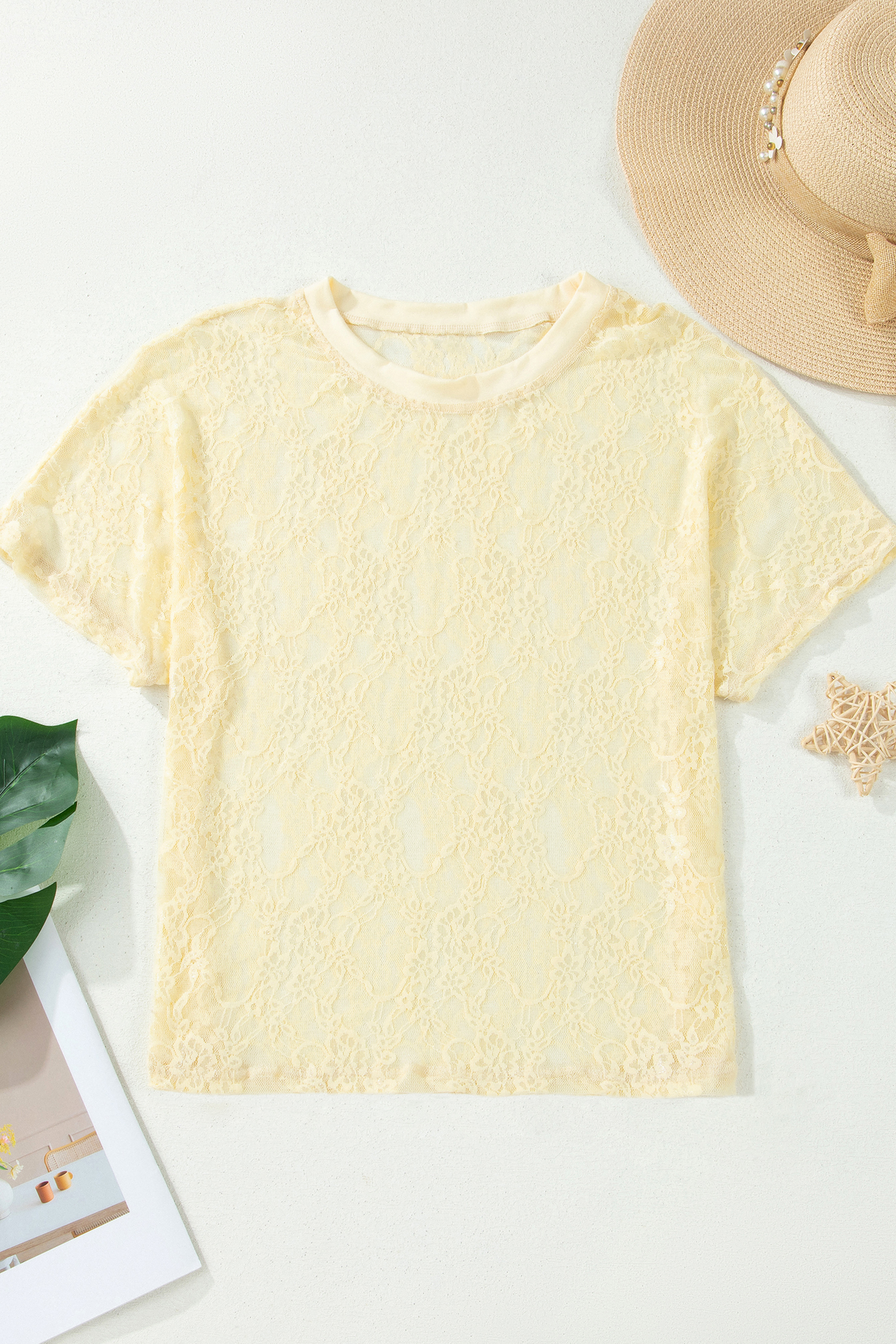 Chic Women's Floral Lace Boxy Tee – Yellow Cream Short Sleeve Summer Top, Stylish Gift for Her - Detail View 6 Chic Women's Floral Lace Boxy Tee – Yellow Cream Short Sleeve Summer Top, Stylish Gift for Her - Detail View 6