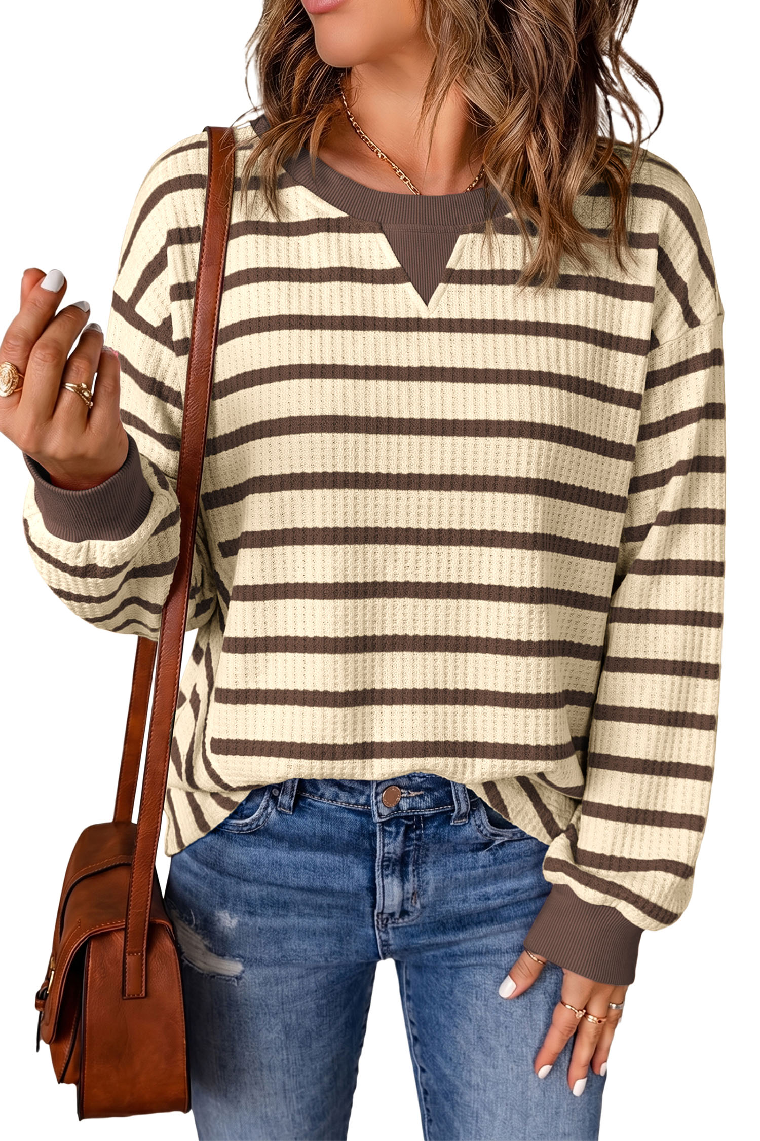 Women's Striped Sweatshirt, Casual Waffle Knit Long Sleeve - Detail View 19 Women's Striped Sweatshirt, Casual Waffle Knit Long Sleeve - Detail View 19